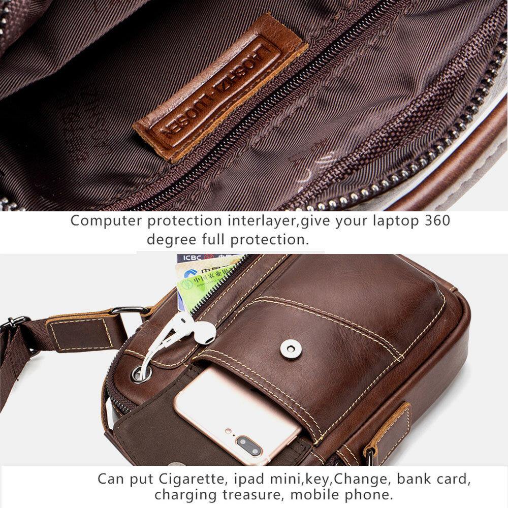 lovevop Men Genuine Leather Wear-resistant Headphone Hole Multi-pocket Vintage Crossbody Bag Shoulder Bag