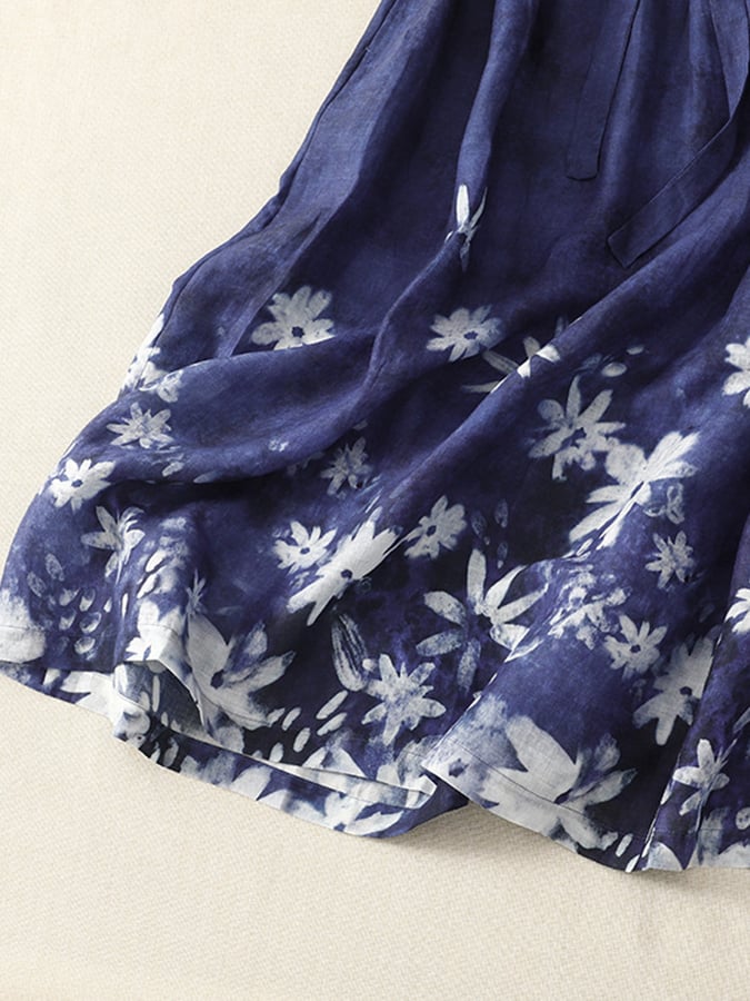 Cotton And Linen Floral Belt Dress