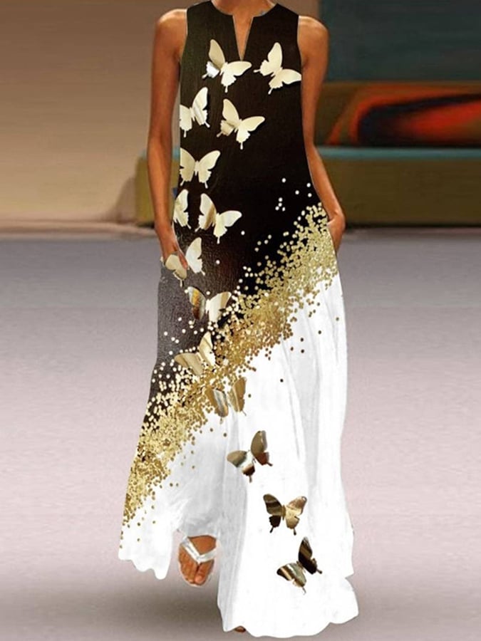 Women's Butterfly Flower Print V-neck Sleeveless Pocket Dress