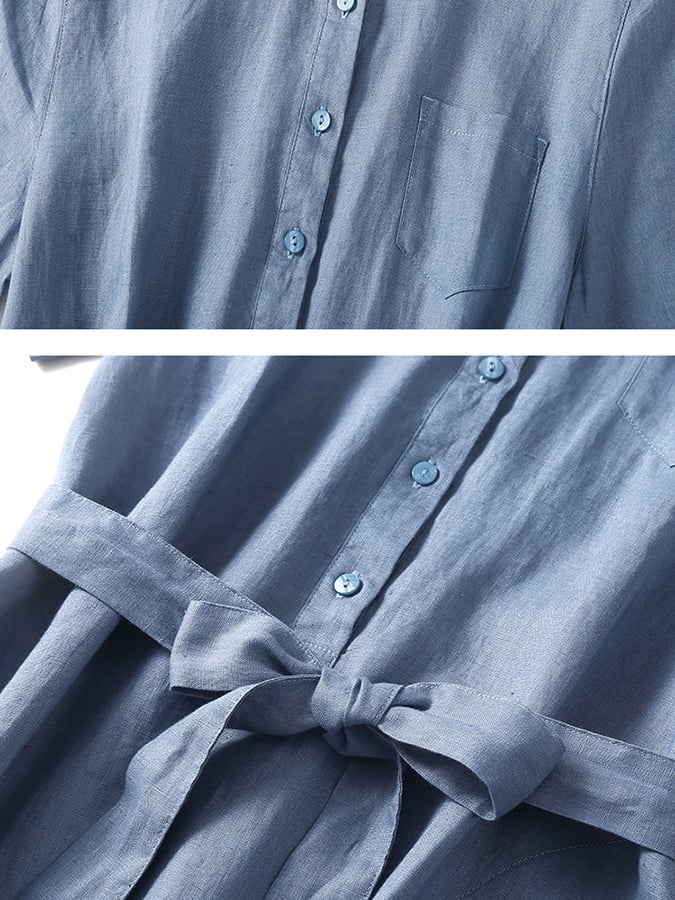 Lovevop Cotton And Linen Solid Color Shirt Collar Belt Dress