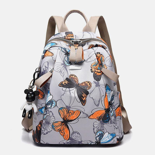 lovevop Women Oxford Butterfly Feather Pattern Large Capacity Headset Hole Waterproof Anti-Theft Casual Backpack