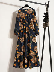 Lovevop Printed Bubble Sleeves Wrapped Waist Fragmented Flower Dress