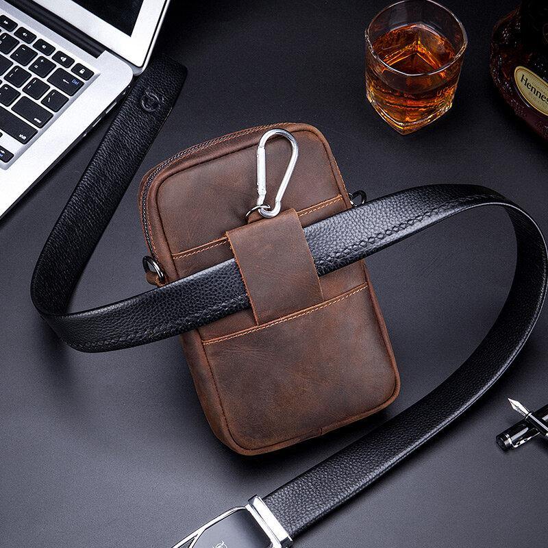 lovevop Men Genuine Leather Large Capacity Vintage 6.5 Inch Phone Bag Waist Bag Shoulder Bag Crossbody Bag