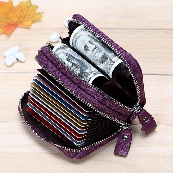 elvesmall Genuine Leather RFID Double Zipper 11 Card Holder Coin Bag