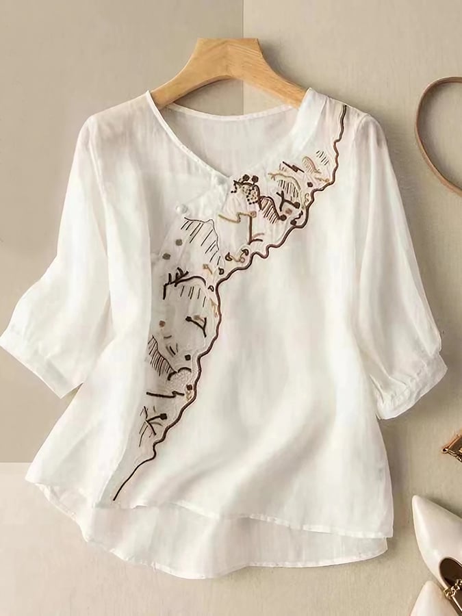 Lovevop Fashion Embroidered V-Neck Cotton Shirt