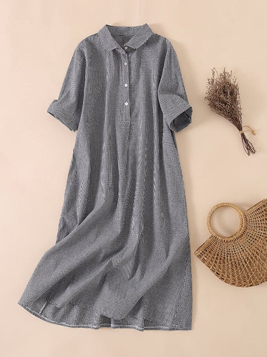 Lovevop Cotton And Linen Plaid Retro Casual Loose Polo Neck Dress