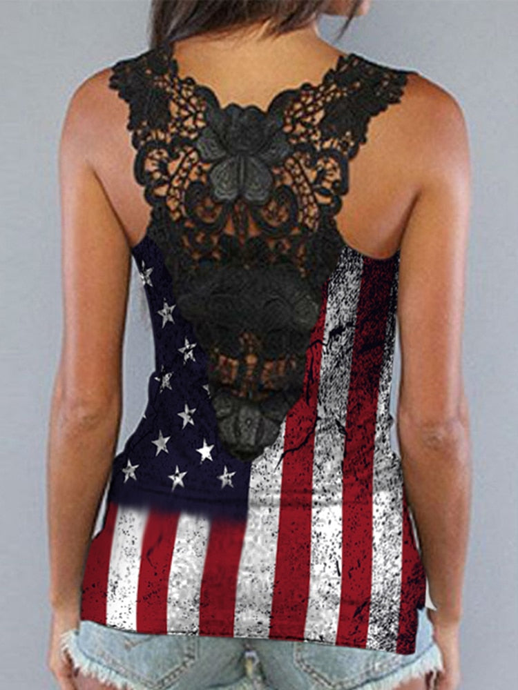 Sexy Lace Splicing Tank Tops Shirts for Women American US Flag Sleeveless Open Back Cutout Top Cami Summer Blouse Racerback Tank