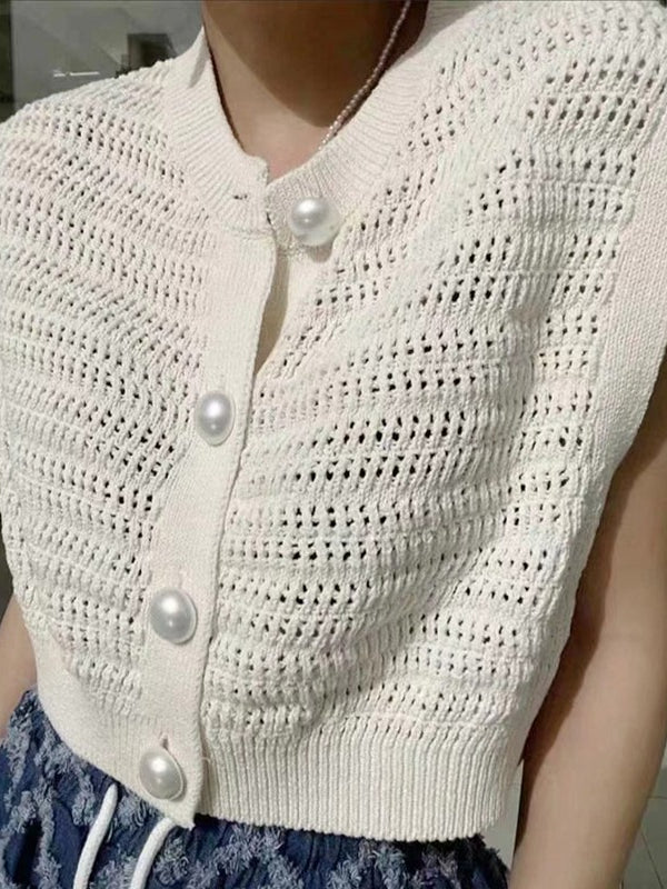 lovevop Pearl Button Hollow Jacquard Sleeveless Knitted Vest