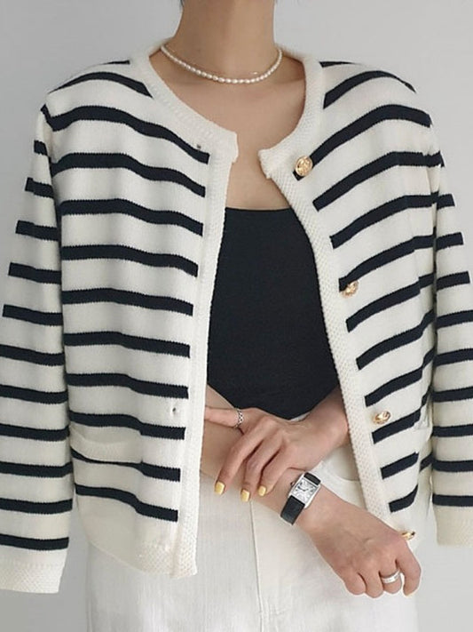 lovevop Retro Black White Striped Knitted Cardigan