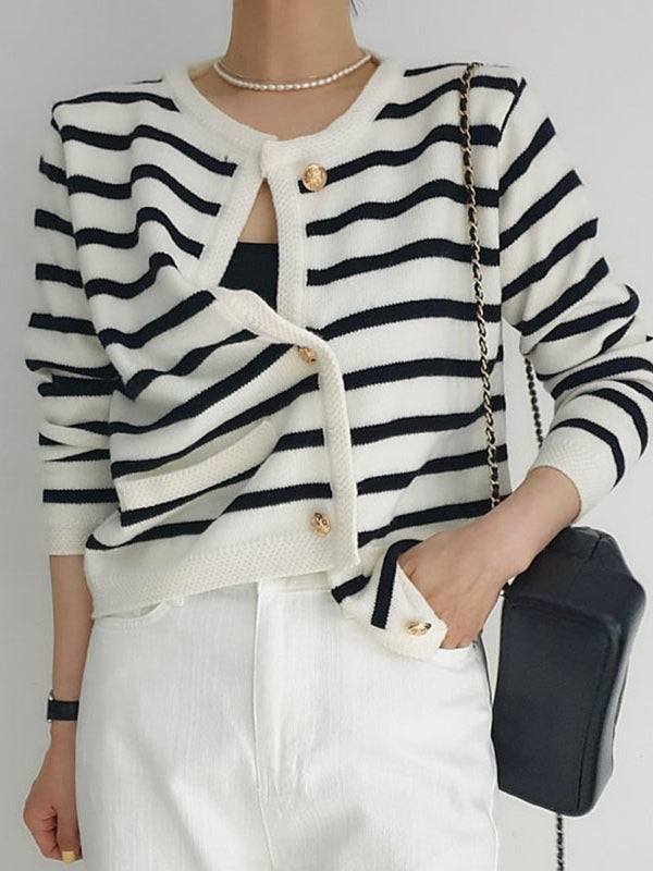 lovevop Retro Black White Striped Knitted Cardigan