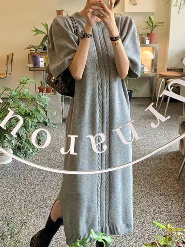 lovevop Vintage Textured Short Sleeves Long Slit Sweater Dress