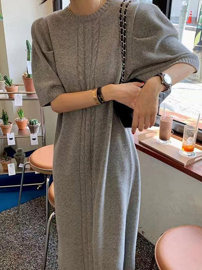 lovevop Vintage Textured Short Sleeves Long Slit Sweater Dress