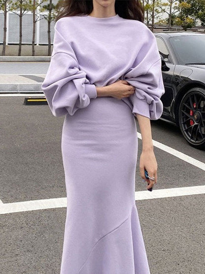 lovevop Simple Long-sleeved Sweatshirt&Belted Hip Mermaid Skirt 2 Pieces Suit