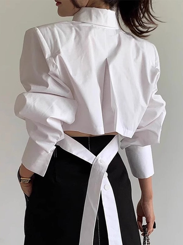 lovevop Cutout Back Tie Button Oversized Cropped Shirt