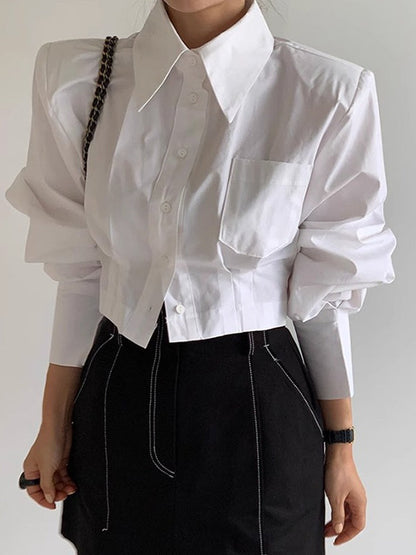 lovevop Cutout Back Tie Button Oversized Cropped Shirt