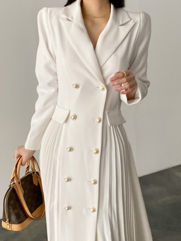 lovevop Elegant Double Breasted Waist Pleated Coat Dress