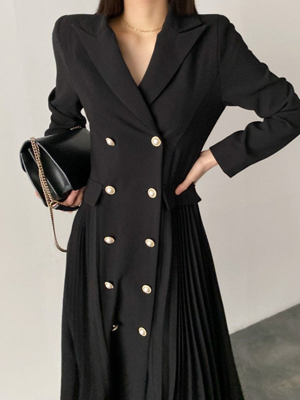 lovevop Elegant Double Breasted Waist Pleated Coat Dress