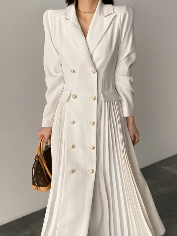 lovevop Elegant Double Breasted Waist Pleated Coat Dress