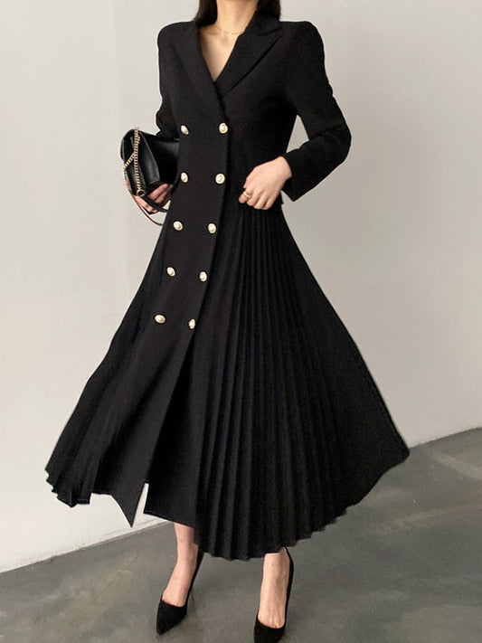 lovevop Elegant Double Breasted Waist Pleated Coat Dress