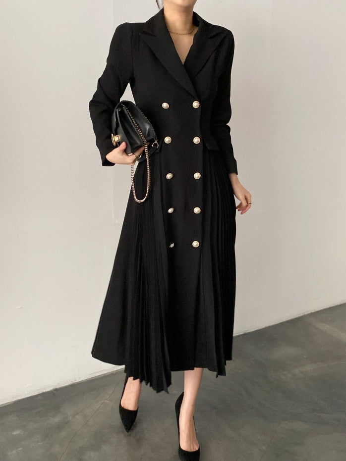 lovevop Elegant Double Breasted Waist Pleated Coat Dress