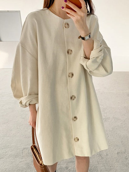 lovevop Simple Round Neck Breasted Loose Puff Sleeve Dress