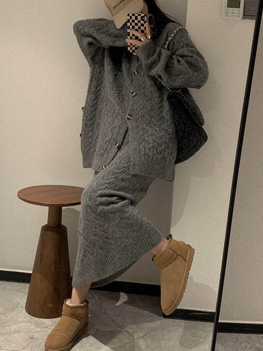 lovevop Casual Knitted Cardigan&Skirt 2 Piece Suit