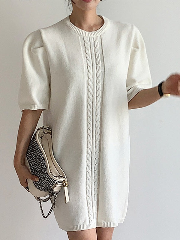 lovevop Elegant Short-sleeved Knitted White Short Dress