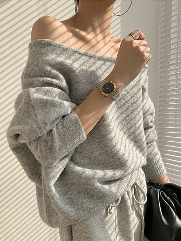 lovevop One-shoulder Loose Long-sleeved Knitted Sweater