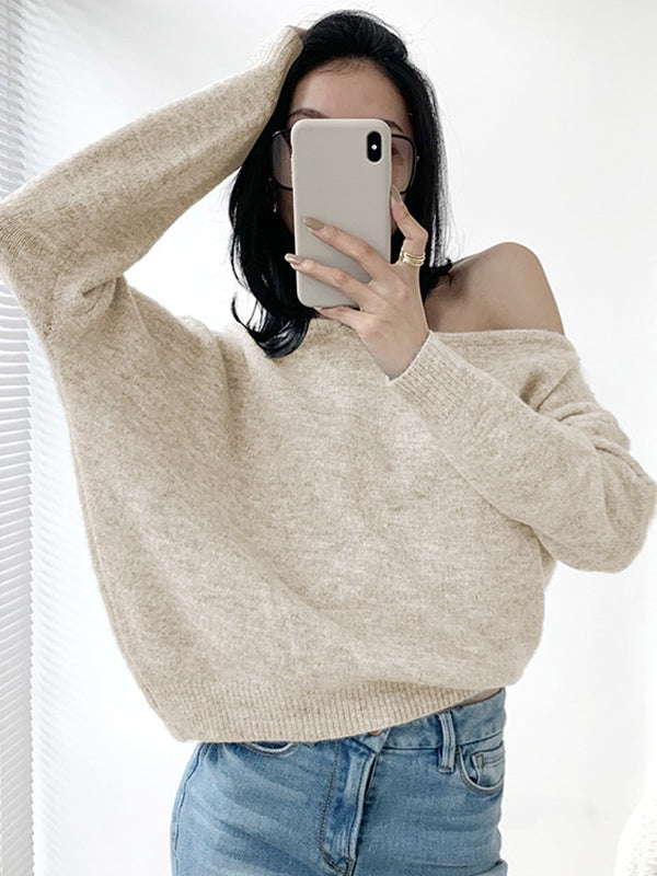 lovevop One-shoulder Loose Long-sleeved Knitted Sweater