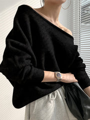 lovevop One-shoulder Loose Long-sleeved Knitted Sweater