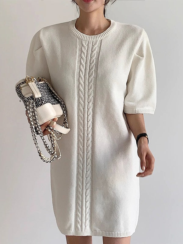 lovevop Elegant Short-sleeved Knitted White Short Dress