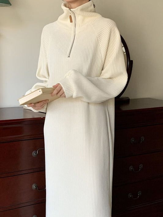 lovevop High Collar Casual Puff Sleeve Knitted Dress