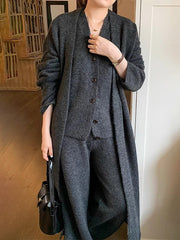 lovevop Casual Knitted Long Jacket&Vest&Pants 3 Pieces Suit