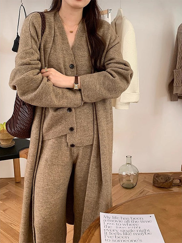 lovevop Casual Knitted Long Jacket&Vest&Pants 3 Pieces Suit