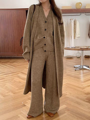 lovevop Casual Knitted Long Jacket&Vest&Pants 3 Pieces Suit