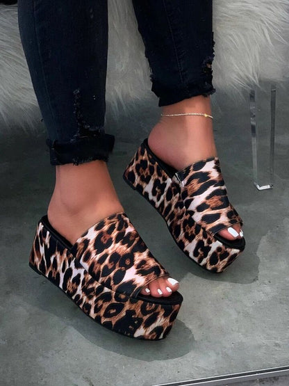 lovevop   High-heeled Women Flatform Slippers Summer New   Leopard Print Thick with Slides Women Large Size Shoes Woman Wedges Slipper 0823