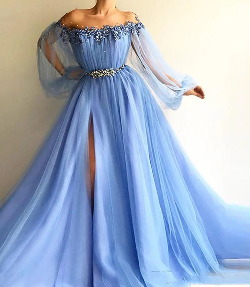 Lovevop Sexy Slit Chiffon Long Evening Dresses 2024 Women Formal Gowns Lantern Sleeves Prom Gowns For Party Flowers Vestidos De Fiesta