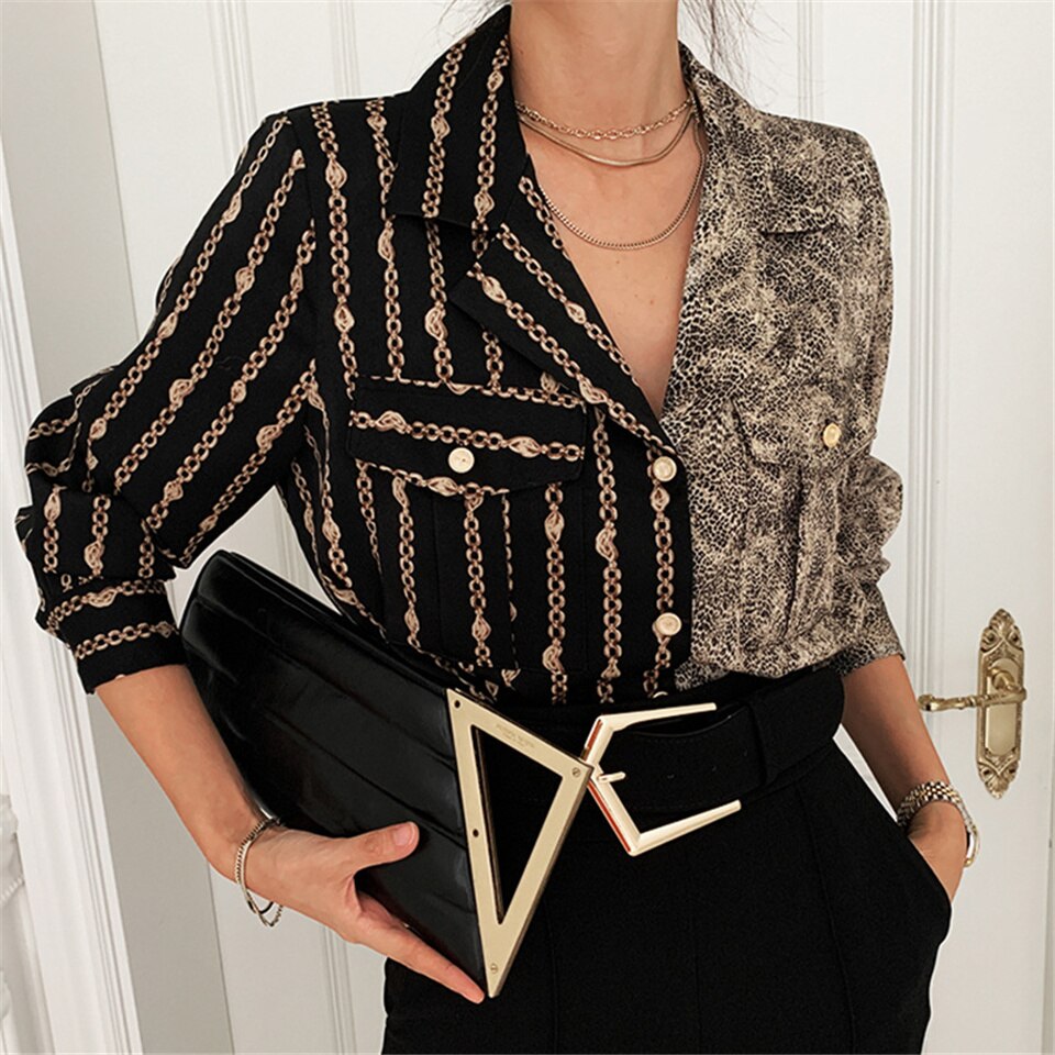 lovevop Spring Women Fashion Vintage Blouse Single Breasted Turn-down Collar Asymmetrical Print Loose Shirt Long Sleeve Blouse