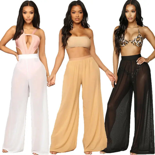 lovevop-Hot Sale Sexy Women Long Mesh Sheer Pants Beachwear See-Through High Wasit Swimsuit Trunks Loose Pant Wide Leg Trousers