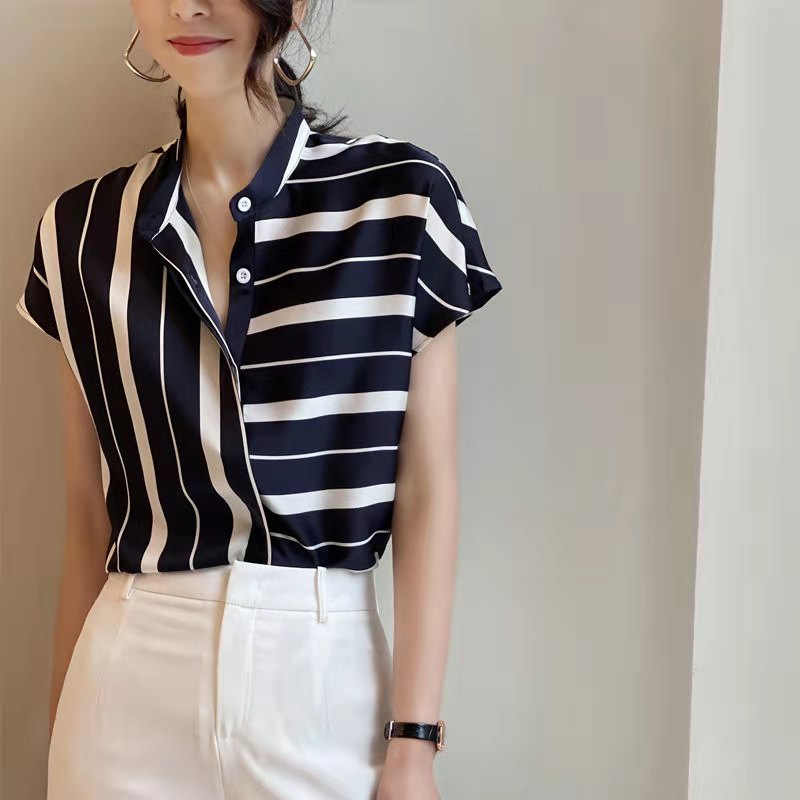 lovevop Lizakosht Summer Women Casual Striped Shirt Office Lady Short Sleeve Fashion Chiffon Shirt Top Female Blouse