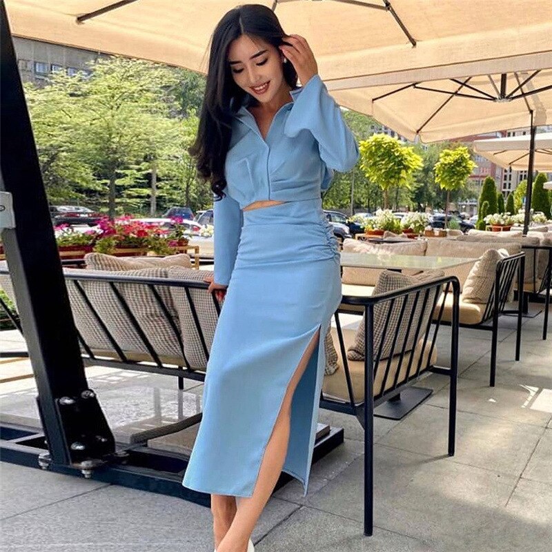 lovevop New Two Piece Set Women Spring Shirt Blouse +High Waist Casual Long Skirt Woman Elegant Office Clothes Chic Set