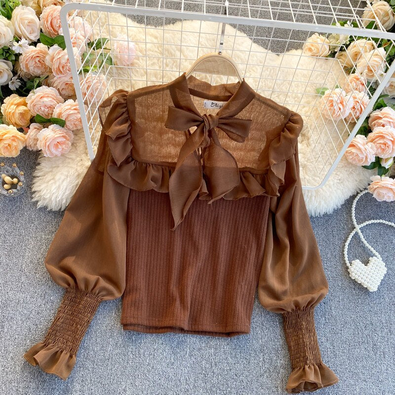 lovevop Spring Autumn New Temperament Fashion Blouse Women Sweet Fungus Chiffon Lantern Sleeve Stitching Slim Short Shirt UK977