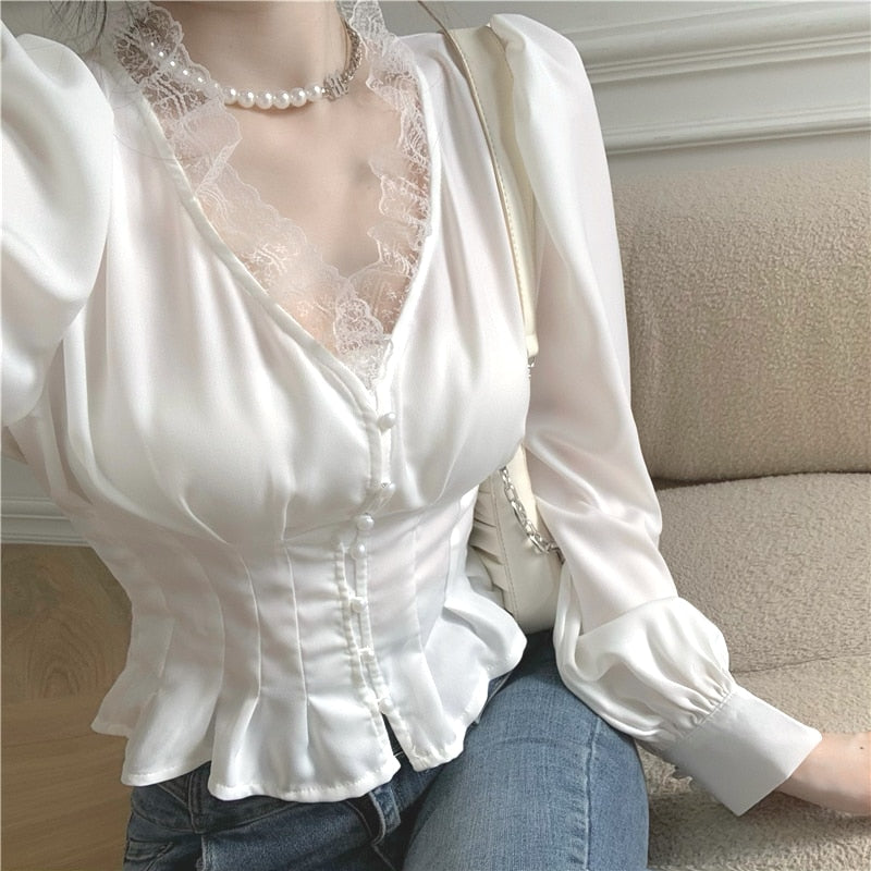 lovevop Summer Slim Elegant Chiffon Blouse Women Lace Korean Fashion Chic Casual Sexy Shirt V-neck White French Office Lady Blouse