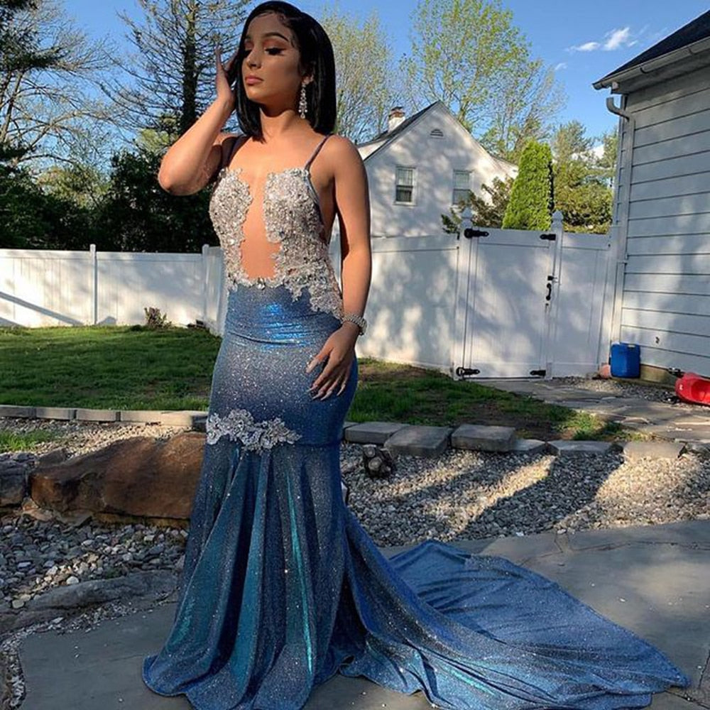 Lovevop Fitted Long Sexy Prom Dresses Sheer Top Beaded Lace Sparkly Navy Blue African Black Girls Real Picture Prom Gala Gowns