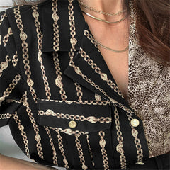 lovevop Spring Women Fashion Vintage Blouse Single Breasted Turn-down Collar Asymmetrical Print Loose Shirt Long Sleeve Blouse