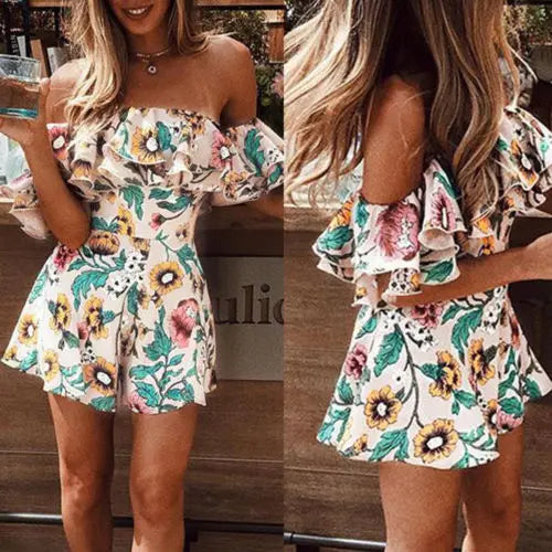 lovevop-Womens Summer Off Shoulder Ruffle Romper Short Suspenders Jumpsuits Overall Lady Floral Printed Playsuit Beach Short Jumpsuits