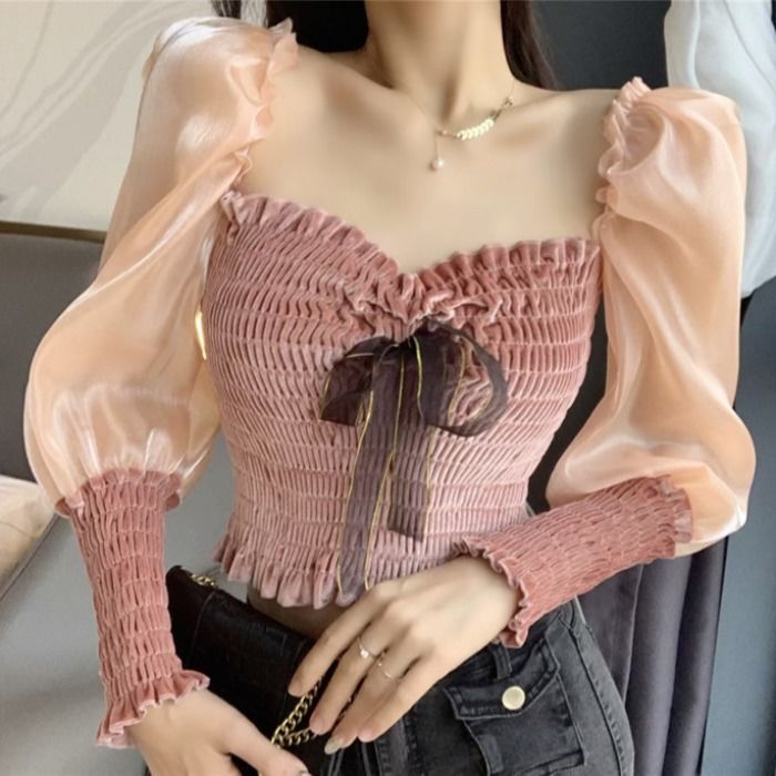 lovevop New Women Spring Fashion Streetwear Off Shoulder Puff Sleeve Velvet Patchwork Blouse Blusas Office Lady Sexy Shirt Tops