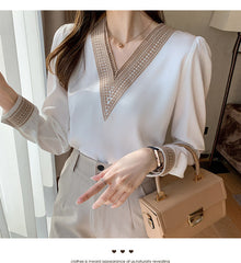 lovevop Long Sleeve White Blouse Tops Blouse Women Blusas Mujer De Moda  Embroidery V-Neck Chiffon Blouse Shirt Women Blouses E226