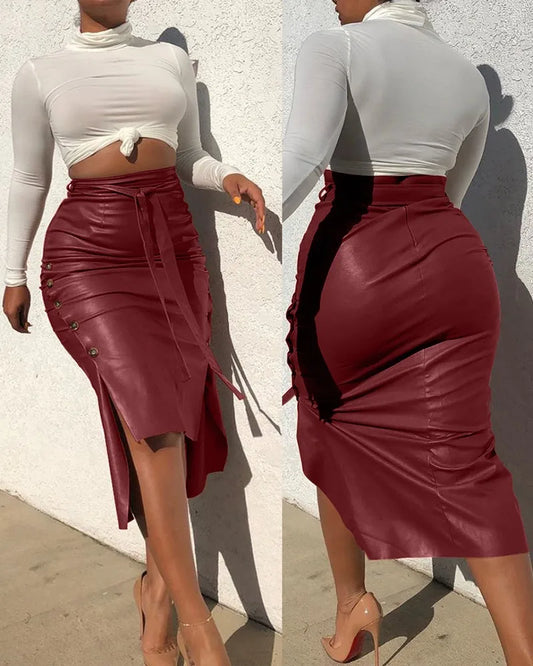 lovevop-Women Trendy PU Leather Midi Skirt Solid Color High Waist Lace-Up Side Button Ladies Slim Skinny Pencil Skirt Streetwear