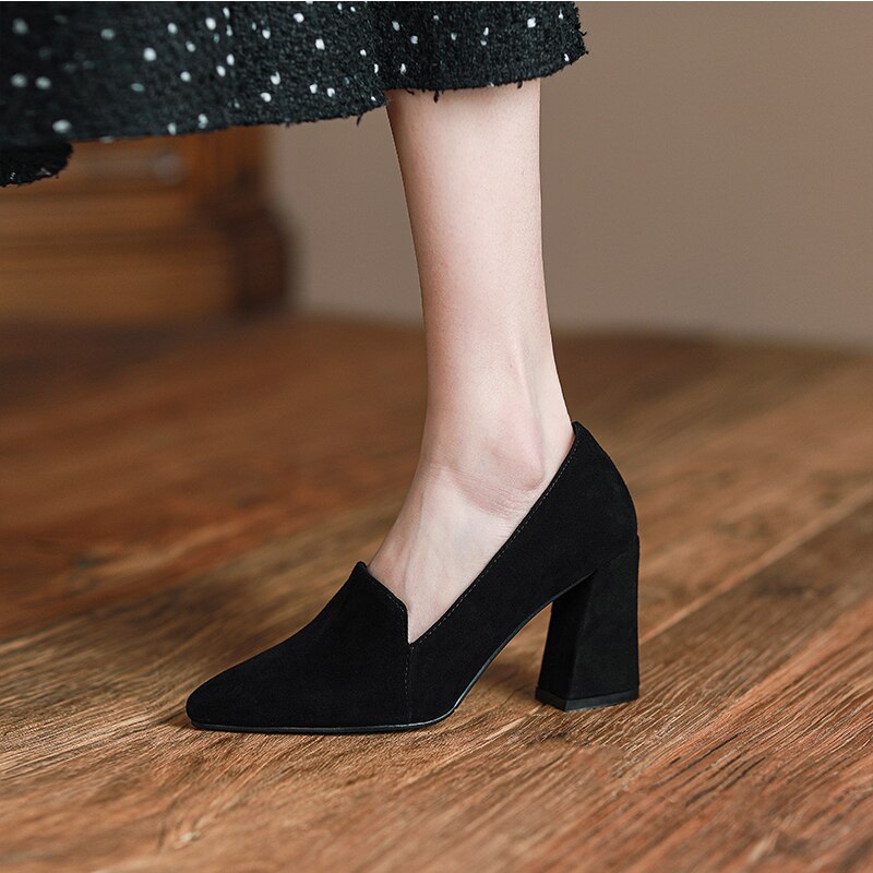 Back to school  spring Women's pumps Natural Leather 22-24.5cm Sheep suede upper pointed Thick high heels shoes for women 4/6/8cm heel